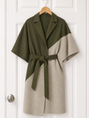 Ellen Tracy Olive and Beige Colorblock Wrap Cape Coat Sz L/XL